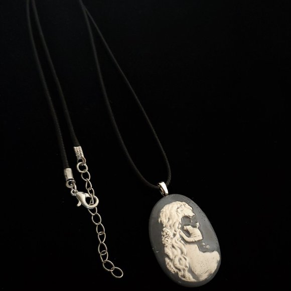 Handmade Ceramic Grey Skull Cameo Pendant Necklace - Picture 6 of 15